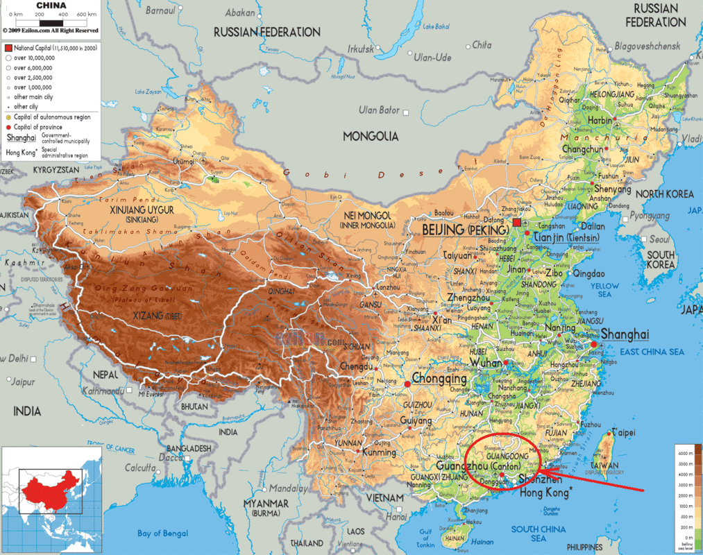 Карта на Китай с провинция Гуандонг - Map of China with Guangdong province