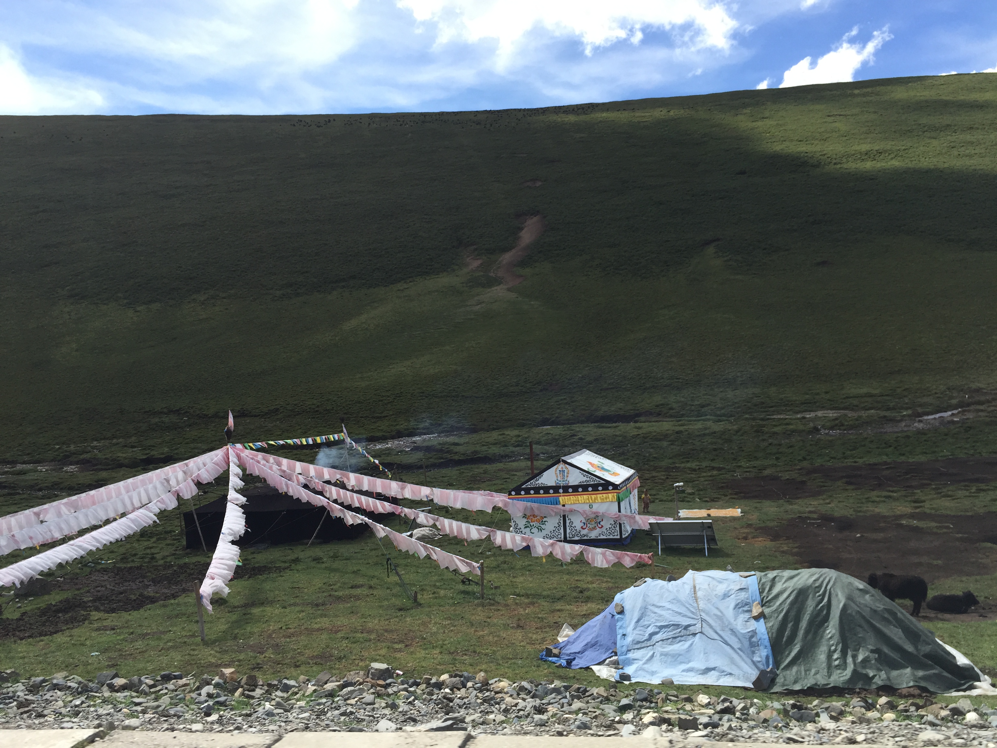 По пътя от Yushu (玉树，ཡུལ་ཤུལ་གྲོང་ཁྱེར།) до Madoi (玛多，རྨ་སྟོད་རྫོང), номадски шатри, на 4350 м височина