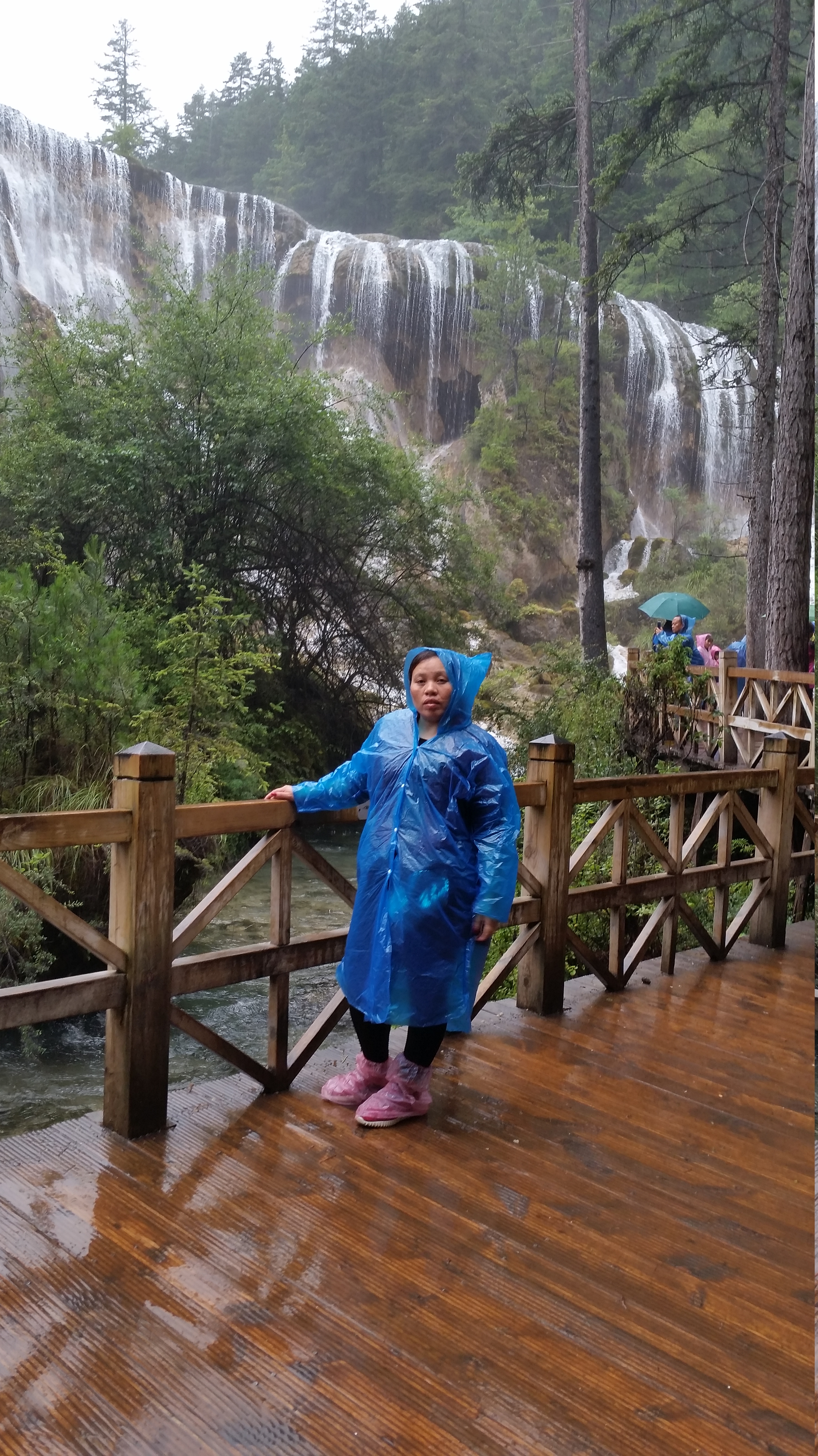 August 7: Jiuzhaigou (九寨沟) Pearl shoal waterfall (珍珠滩瀑布），2570 m altitude Август 7: Дзиуджайгоу (九寨沟), водопад Перлена плитчина (