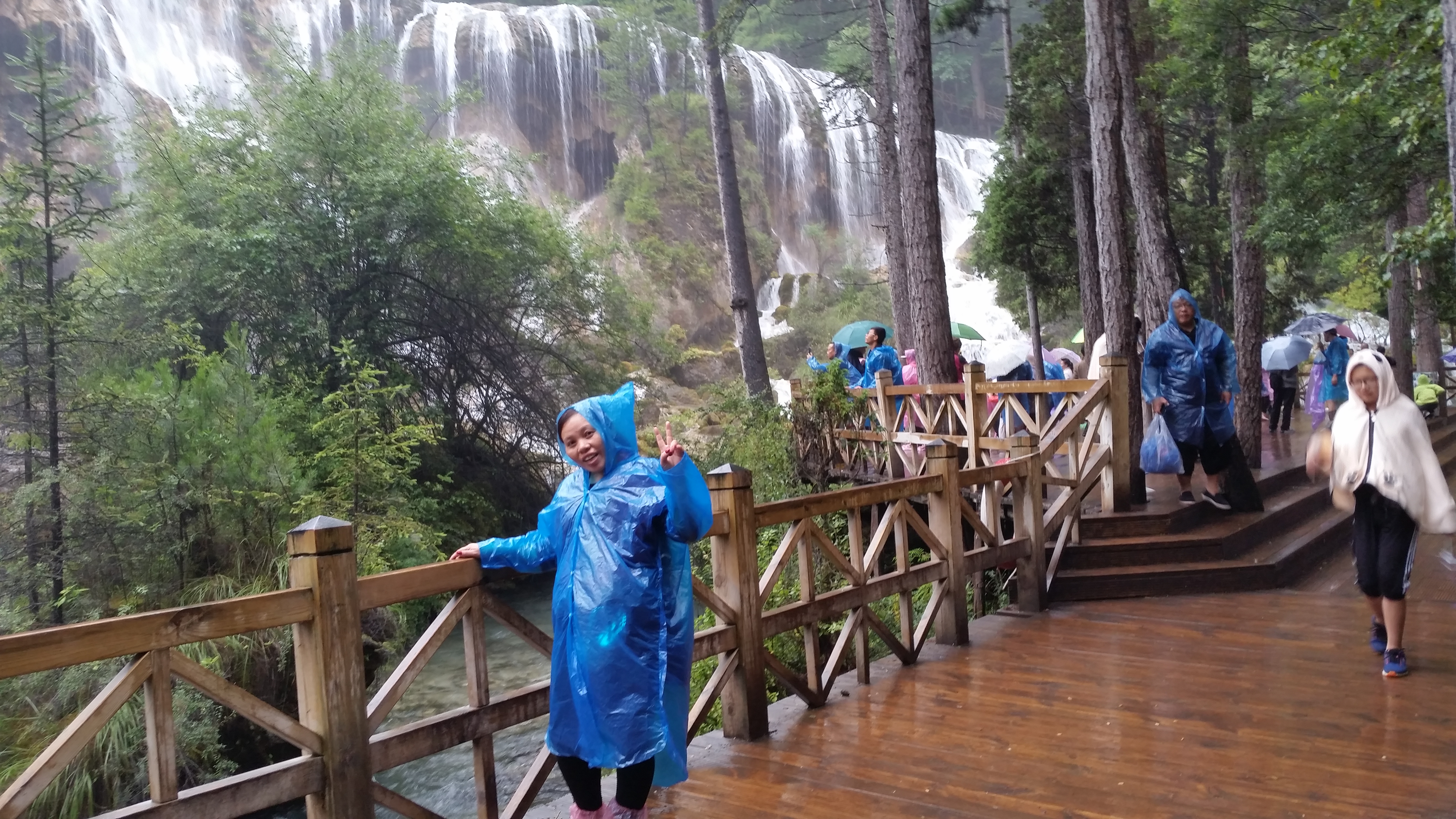 August 7: Jiuzhaigou (九寨沟) Pearl shoal waterfall (珍珠滩瀑布），2570 m altitude Август 7: Дзиуджайгоу (九寨沟), водопад Перлена плитчина (